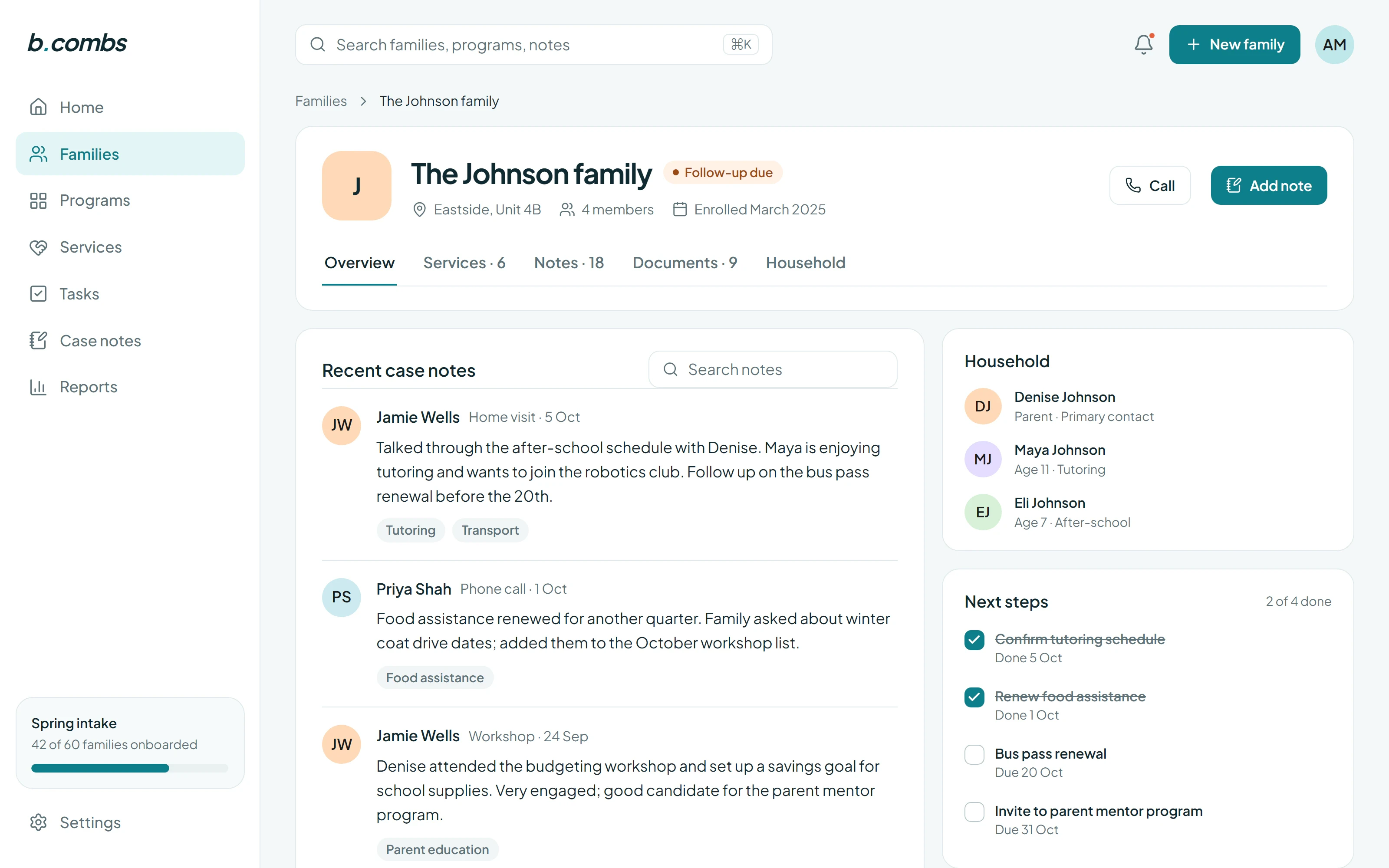 Family profile for the Johnson family showing case notes, household members, a next steps checklist, and enrolled programs