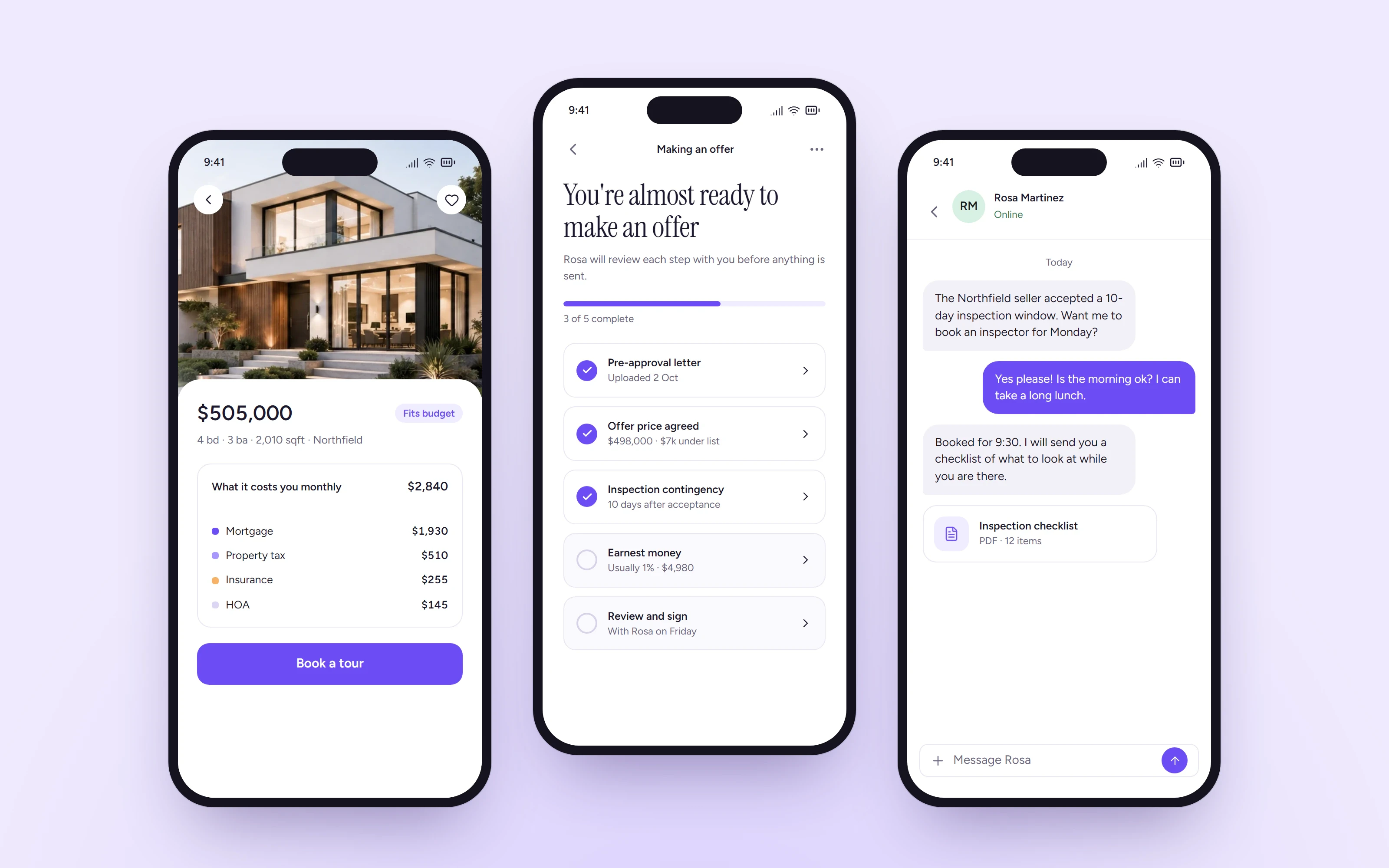 Three Nestara mobile screens: a home with a monthly cost breakdown, an offer checklist three of five steps complete, and a chat with the buyer's agent