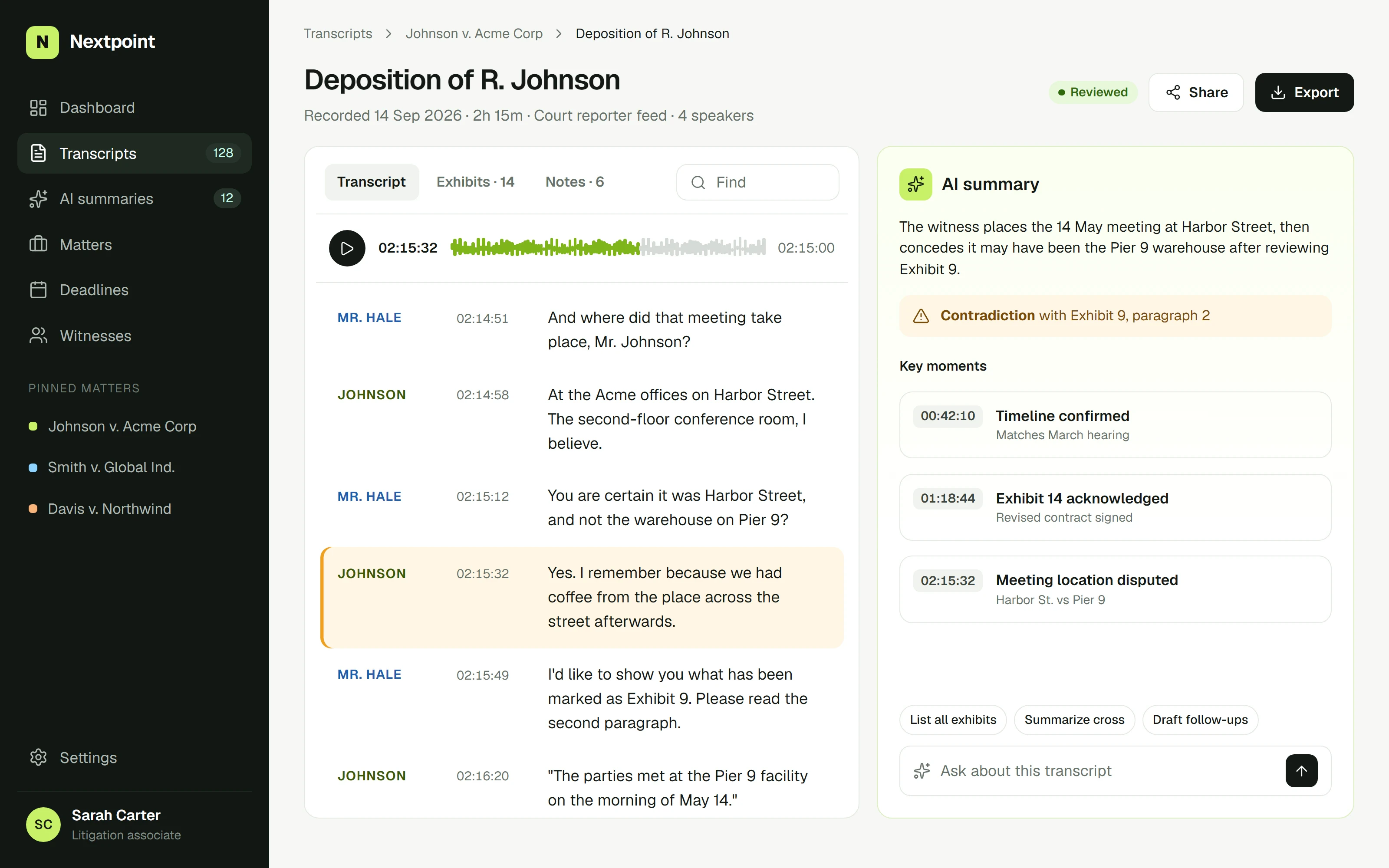 Transcript viewer with a highlighted passage at 02:15:32, an audio waveform, and an AI summary panel listing key moments and a contradiction with Exhibit 9